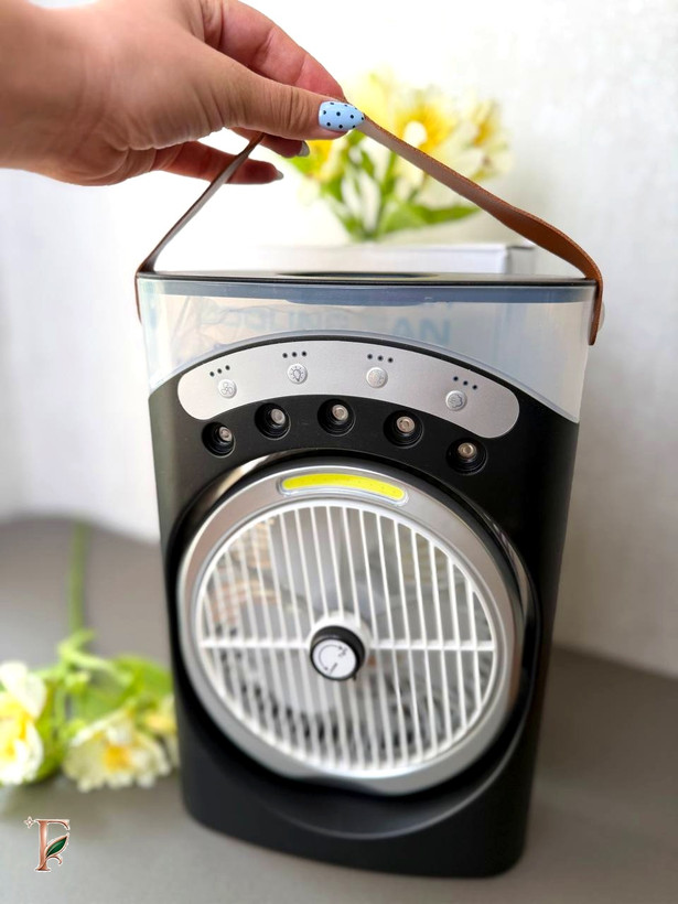 پنکه رومیزی شارژی مهپاش LEDدار | باتری 3600 میلیآمپرساعت و قابلیت خنککنندگی